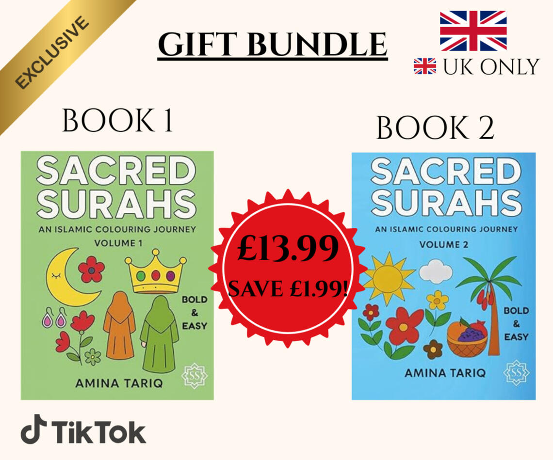 Sacred Surahs Islamic coloring book for kids featuring Surah names Sacred Surahs Volume 1 Islamic coloring book cover with green background, crescent moon, and crown and Sacred surahs volume 2 with fruit trees and cloud